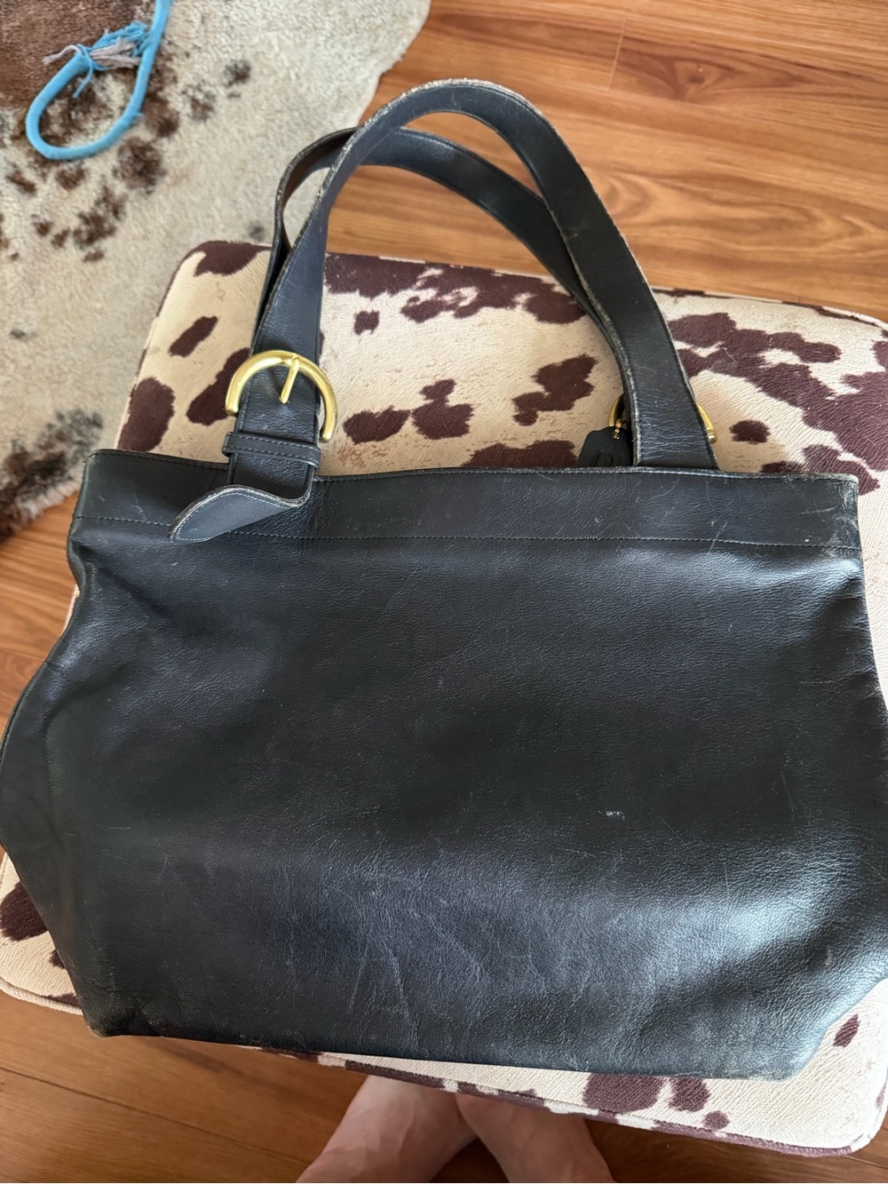 Black Leather Tote with Gold Buckle Accent
